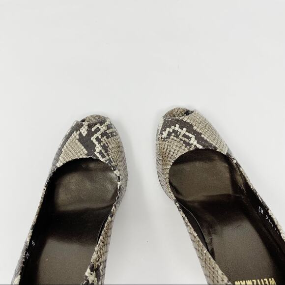 Stuart Weitzman Snakeskin Python Leather Peep Toe High Heels Shoes Black Tan 6 - Picture 5 of 11